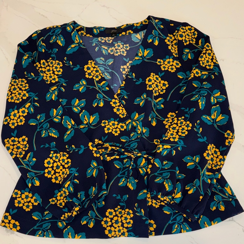 J.Crew Floral Faux Wrap Blouse with Peplum bottom and tie Size Large